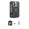 MARSİLYAN™- iPhone 15 Pro Max Kılıf Yörünge Klasik - Siyah Bilvis 0.18mm Plus Cam Ekran Koruyucu + Turuncu PVD Metal Kamera Lens