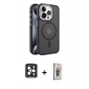 MARSİLYAN™- iPhone 15 Pro Max Kılıf Yörünge Klasik - Siyah Bilvis 3D Cam Ekran Koruyucu + PVD Metal Kamera Lens - SH