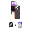 MARSİLYAN™- iPhone 15 Pro Max Kılıf Yörünge Klasik - Siyah Bilvis 5in1 3D Magic Cam Ekran Koruyucu + Turuncu PVD Metal Kamera Lens