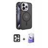 MARSİLYAN™- iPhone 15 Pro Max Kılıf Yörünge Klasik - Siyah Bilvis 5in1 5D Magic Hayalet Cam Ekran Koruyucu + PVD Metal Kamera Lens - LT