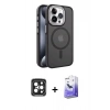 MARSİLYAN™- iPhone 15 Pro Max Kılıf Yörünge Klasik - Siyah Bilvis 5in1 5D Magic Hayalet Cam Ekran Koruyucu + PVD Metal Kamera Lens - SH