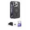 MARSİLYAN™- iPhone 15 Pro Max Kılıf Yörünge Klasik - Siyah Bilvis 5in1 5D Magic Hayalet Cam Ekran Koruyucu + Raze Metal Kamera Lens - SH