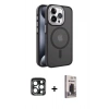 MARSİLYAN™- iPhone 15 Pro Max Kılıf Yörünge Klasik - Siyah Bilvis Hayalet Cam Ekran Koruyucu + PVD Metal Kamera Lens - LT