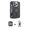 MARSİLYAN™- iPhone 15 Pro Max Kılıf Yörünge Klasik - Siyah Bilvis Hayalet Cam Ekran Koruyucu + PVD Metal Kamera Lens - SH