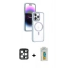 MARSİLYAN™- iPhone 15 Pro Max Kılıf Yörünge Klasik - Siyah Polymer Nano Ekran Koruyucu + Lacivert PVD Metal Kamera Lens