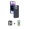 MARSİLYAN™- iPhone 15 Pro Max Kılıf Yörünge Klasik - Siyah Polymer Nano Ekran Koruyucu + Lacivert PVD Metal Kamera Lens