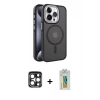 MARSİLYAN™- iPhone 15 Pro Max Kılıf Yörünge Klasik - Siyah Polymer Nano Ekran Koruyucu + Lacivert PVD Metal Kamera Lens