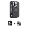 MARSİLYAN™- iPhone 15 Pro Max Kılıf Yörünge Klasik - Siyah Vanessa Magic Hayalet Cam + PVD Metal Kamera Lens - TU