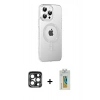 MARSİLYAN™- iPhone 15 Pro Max Kılıf Yörünge Koleksiyonu - Siyah Polymer Nano Ekran Koruyucu + Lacivert PVD Metal Kamera Lens