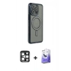 MARSİLYAN™- iPhone 15 Pro Max Kılıf Zirve Doku Prime - Siyah Bilvis 5in1 5D Magic Hayalet Cam Ekran Koruyucu + PVD Metal Kamera Lens - LT
