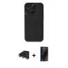 MARSİLYAN™- iPhone 15 Pro Max Kılıf Zirve Işık Serisi - Siyah 3D Antistatik Hayalet Cam Ekran Koruyucu + Raze Metal Kamera Lens - TMGI