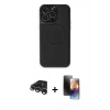 MARSİLYAN™- iPhone 15 Pro Max Kılıf Zirve Işık Serisi - Siyah 3D Antistatik Mat Seramik Nano Ekran Koruyucu + Gümüş Raze Metal Kamera Lens
