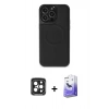 MARSİLYAN™- iPhone 15 Pro Max Kılıf Zirve Işık Serisi - Siyah Bilvis 5in1 5D Magic Hayalet Cam Ekran Koruyucu + PVD Metal Kamera Lens - SH