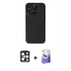 MARSİLYAN™- iPhone 15 Pro Max Kılıf Zirve Işık Serisi - Siyah Bilvis 5in1 5D Magic Hayalet Cam Ekran Koruyucu + Lacivert PVD Metal Kamera Lens