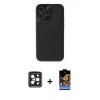 MARSİLYAN™- iPhone 15 Pro Max Kılıf Zirve Işık Serisi - Siyah Buffer Hayalet Cam Ekran Koruyucu + PVD Metal Kamera Lens - SH