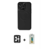 MARSİLYAN™- iPhone 15 Pro Max Kılıf Zirve Işık Serisi - Siyah Polymer Nano Ekran Koruyucu + PVD Metal Kamera Lens - SH
