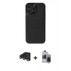 MARSİLYAN™- iPhone 15 Pro Max Kılıf Zirve Işık Serisi - Siyah Vanessa Magic Hayalet Cam + Lacivert Raze Metal Kamera Lens