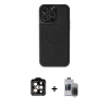 MARSİLYAN™- iPhone 15 Pro Max Kılıf Zirve Işık Serisi - Siyah Vanessa Magic Hayalet Cam + Turuncu PVD Metal Kamera Lens