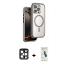 MARSİLYAN™- iPhone 15 Pro Max Kılıf Zirve Klasik Prime - Şeffaf Pasifik Cam Ekran Koruyucu + PVD Metal Kamera Lens - LT