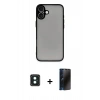 MARSİLYAN™- iPhone 16 Kılıf Ahenk Çizgi Serisi - Siyah 3D Antistatik Hayalet Cam Ekran Koruyucu + PVD Metal Kamera Lens - YL