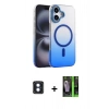 MARSİLYAN™- iPhone 16 Kılıf Ahenk Doku Özel Seri - Şeffaf 360 Full Body Arka Koruyucu + Mavi PVD Metal Kamera Lens
