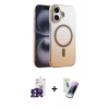 MARSİLYAN™- iPhone 16 Kılıf Ahenk Doku Özel Seri - Şeffaf Pasifik Cam Ekran Koruyucu + Bilvis Titan Kamera Lens - YL