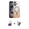 MARSİLYAN™- iPhone 16 Kılıf Ahenk Doku Özel Seri - Şeffaf Pasifik Cam Ekran Koruyucu + Bilvis Titan Kamera Lens - GS