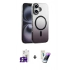 MARSİLYAN™- iPhone 16 Kılıf Ahenk Doku Özel Seri - Şeffaf Pasifik Cam Ekran Koruyucu + Bilvis Titan Kamera Lens - GS