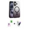 MARSİLYAN™- iPhone 16 Kılıf Ahenk Doku Özel Seri - Şeffaf Pasifik Cam Ekran Koruyucu + Raze Metal Kamera Lens - PE