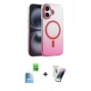 MARSİLYAN™- iPhone 16 Kılıf Ahenk Doku Özel Seri - Şeffaf Pasifik Cam Ekran Koruyucu + Raze Metal Kamera Lens - LT