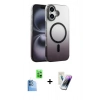 MARSİLYAN™- iPhone 16 Kılıf Ahenk Doku Özel Seri - Şeffaf Pasifik Cam Ekran Koruyucu + Raze Metal Kamera Lens - LT