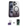 MARSİLYAN™- iPhone 16 Kılıf Ahenk Doku Özel Seri - Siyah 360 Mat Full Body Arka Koruyucu + Yeşil Bilvis Titan Kamera Lens