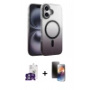 MARSİLYAN™- iPhone 16 Kılıf Ahenk Doku Özel Seri - Siyah 3D Antistatik Mat Seramik Nano Ekran Koruyucu + Yeşil Bilvis Titan Kamera Lens