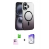 MARSİLYAN™- iPhone 16 Kılıf Ahenk Doku Özel Seri - Siyah Bilvis 5in1 3D Magic Cam Ekran Koruyucu + Raze Metal Kamera Lens - PE