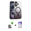 MARSİLYAN™- iPhone 16 Kılıf Ahenk Doku Özel Seri - Siyah Bilvis 5in1 3D Magic Cam Ekran Koruyucu + Raze Metal Kamera Lens - SH