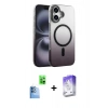 MARSİLYAN™- iPhone 16 Kılıf Ahenk Doku Özel Seri - Siyah Bilvis 5in1 3D Magic Cam Ekran Koruyucu + Raze Metal Kamera Lens - LT