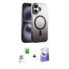 MARSİLYAN™- iPhone 16 Kılıf Ahenk Doku Özel Seri - Siyah Bilvis 5in1 5D Magic Hayalet Cam Ekran Koruyucu + Raze Metal Kamera Lens - BZ