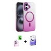 MARSİLYAN™- iPhone 16 Kılıf Ahenk Doku Özel Seri - Siyah Bilvis 5in1 5D Magic Hayalet Cam Ekran Koruyucu + Pembe Raze Metal Kamera Lens