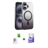 MARSİLYAN™- iPhone 16 Kılıf Ahenk Doku Özel Seri - Siyah Bilvis 5in1 5D Magic Hayalet Cam Ekran Koruyucu + Pembe Raze Metal Kamera Lens