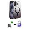 MARSİLYAN™- iPhone 16 Kılıf Ahenk Doku Özel Seri - Siyah Bilvis 5in1 5D Magic Hayalet Cam Ekran Koruyucu + Raze Metal Kamera Lens - SH