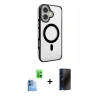 MARSİLYAN™- iPhone 16 Kılıf Doruk Doku Özel Seri - Siyah 3D Antistatik Hayalet Cam Ekran Koruyucu + Raze Metal Kamera Lens - LT