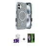 MARSİLYAN™- iPhone 16 Kılıf Eksen Çizgi - Şeffaf 360 Full Body Arka Koruyucu + Gümüş Bilvis Titan Kamera Lens