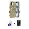 MARSİLYAN™- iPhone 16 Kılıf Eksen Çizgi - Siyah 3D Antistatik Hayalet Cam Ekran Koruyucu + Bilvis Titan Kamera Lens - GS