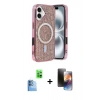 MARSİLYAN™- iPhone 16 Kılıf Eksen Çizgi - Siyah 3D Antistatik Mat Seramik Nano Ekran Koruyucu + Lacivert Raze Metal Kamera Lens