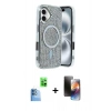 MARSİLYAN™- iPhone 16 Kılıf Eksen Çizgi - Siyah 3D Antistatik Mat Seramik Nano Ekran Koruyucu + Lacivert Raze Metal Kamera Lens