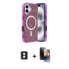 MARSİLYAN™- iPhone 16 Kılıf Eksen Çizgi - Siyah 3D Antistatik Mat Seramik Nano Ekran Koruyucu + Mavi PVD Metal Kamera Lens