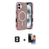MARSİLYAN™- iPhone 16 Kılıf Eksen Çizgi - Siyah 3D Antistatik Mat Seramik Nano Ekran Koruyucu + Mavi PVD Metal Kamera Lens