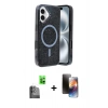MARSİLYAN™- iPhone 16 Kılıf Eksen Çizgi - Siyah 3D Antistatik Mat Seramik Nano Ekran Koruyucu + Siyah Raze Metal Kamera Lens