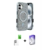 MARSİLYAN™- iPhone 16 Kılıf Eksen Çizgi - Siyah Bilvis 5in1 3D Magic Cam Ekran Koruyucu + Beyaz Raze Metal Kamera Lens
