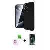 MARSİLYAN™- iPhone 16 Kılıf Eksen Form Prime - Siyah 360 Mat Full Body Arka Koruyucu + Pembe Raze Metal Kamera Lens